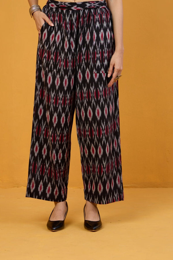 Maati Craft comfort fit cotton pants - black red ikat