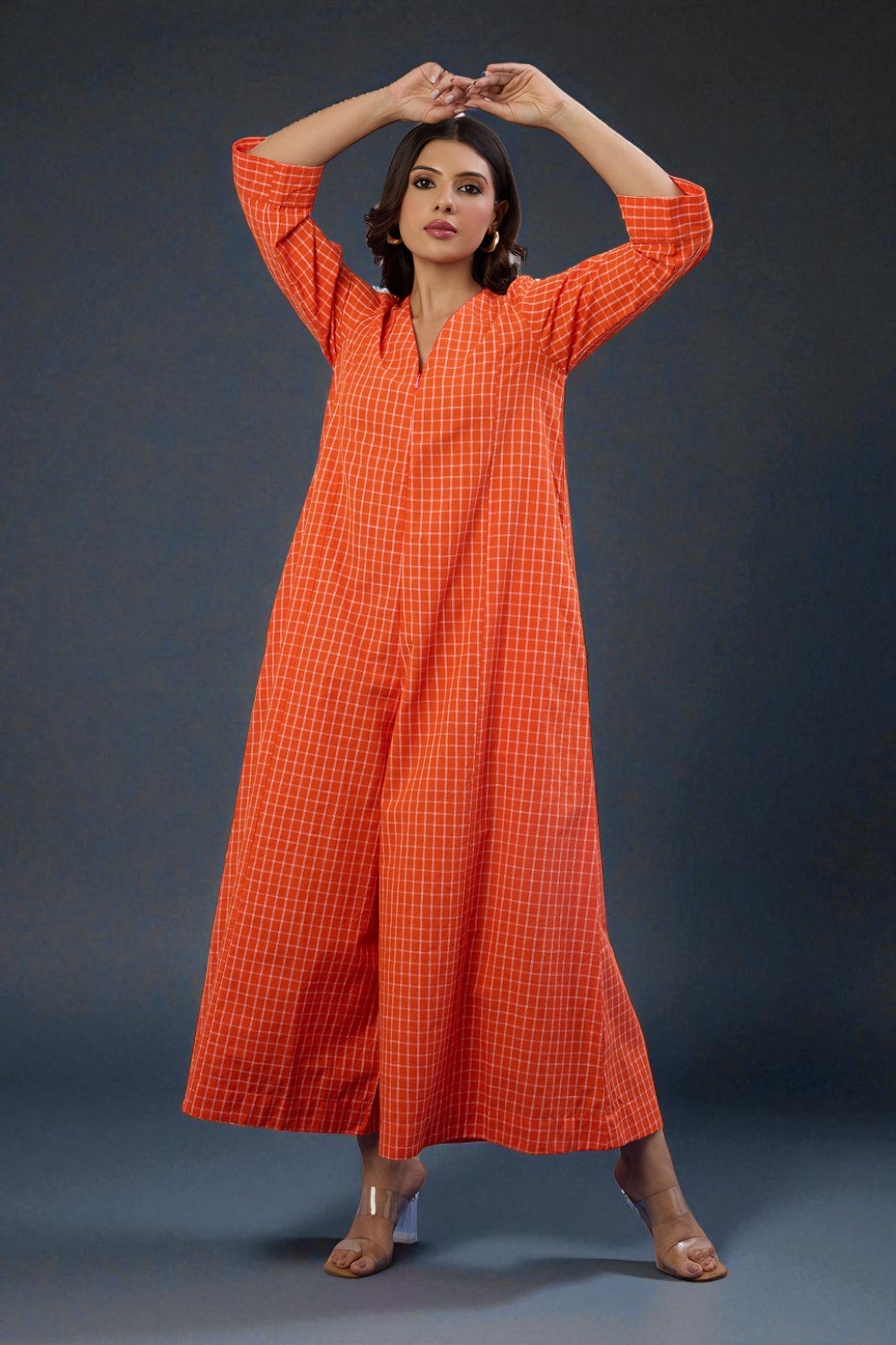 Tangerine Grid Jumpsuit with Pockets & Sleeves Mc
