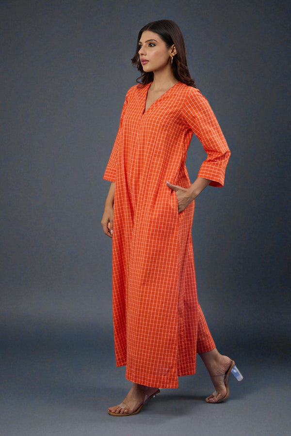 Tangerine Grid Jumpsuit With Pockets & Sleeves