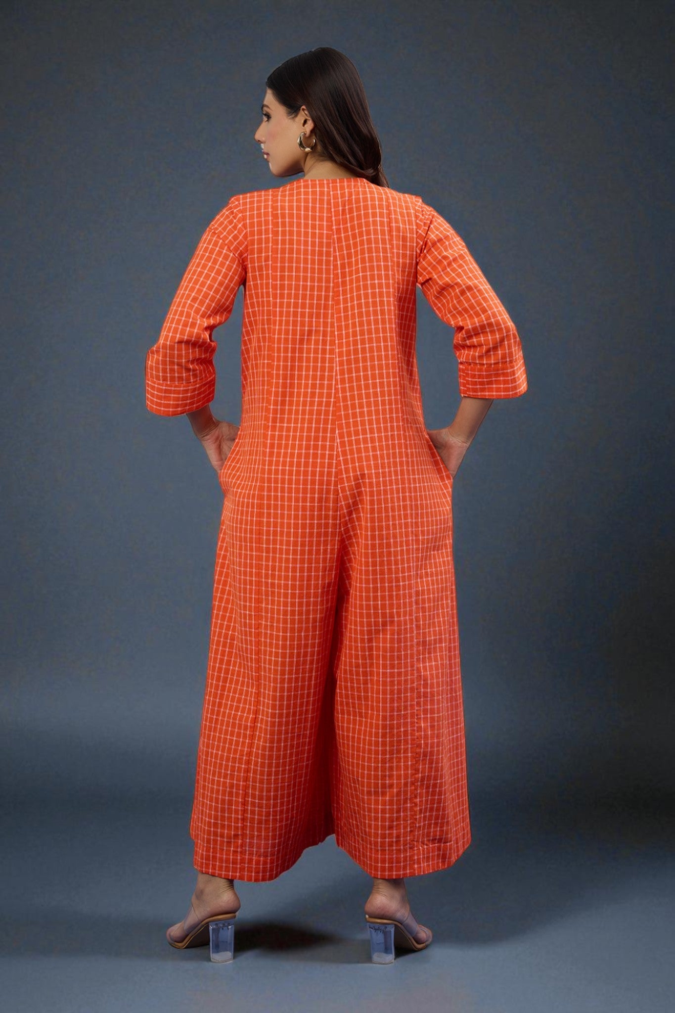 Tangerine Grid Jumpsuit With Pockets & Sleeves