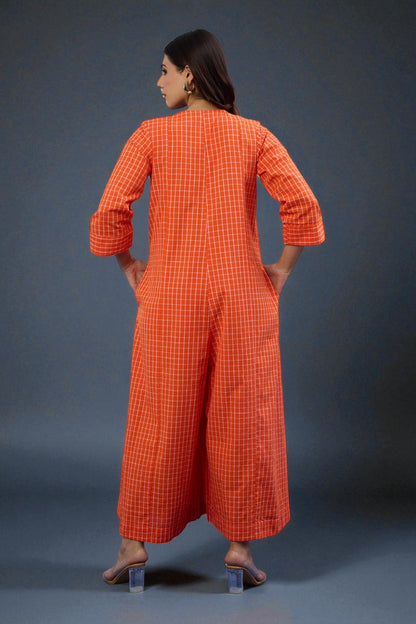 Tangerine Grid Jumpsuit With Pockets & Sleeves