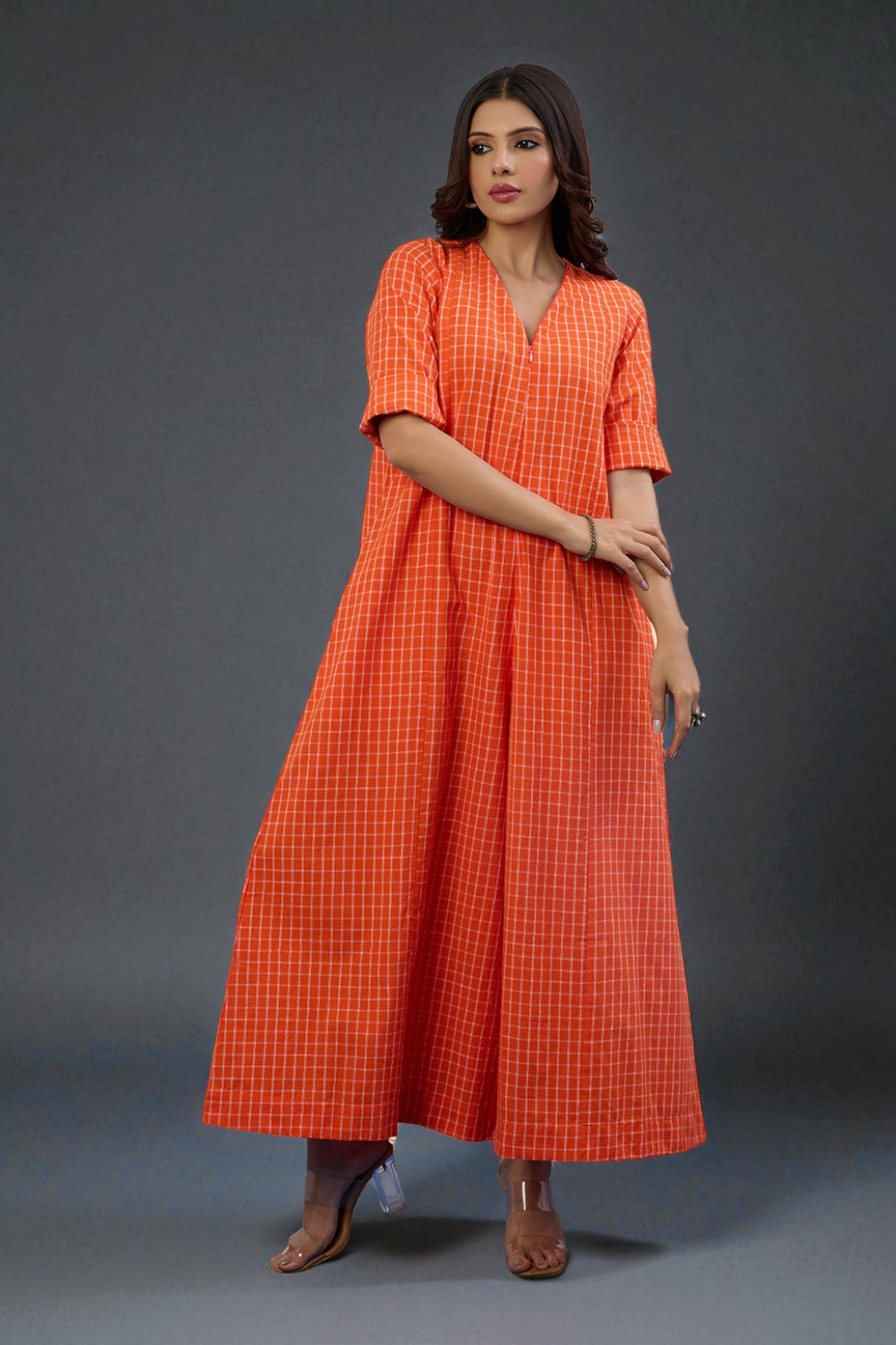 Tangerine Grid Jumpsuit With Pockets & Sleeves