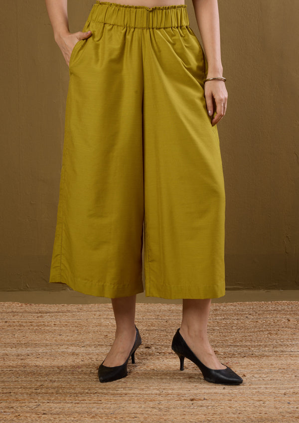 Maati Craft Comfort Fit Waist Wide Legged Pants with pockets - Charteruse yellow silk slub
