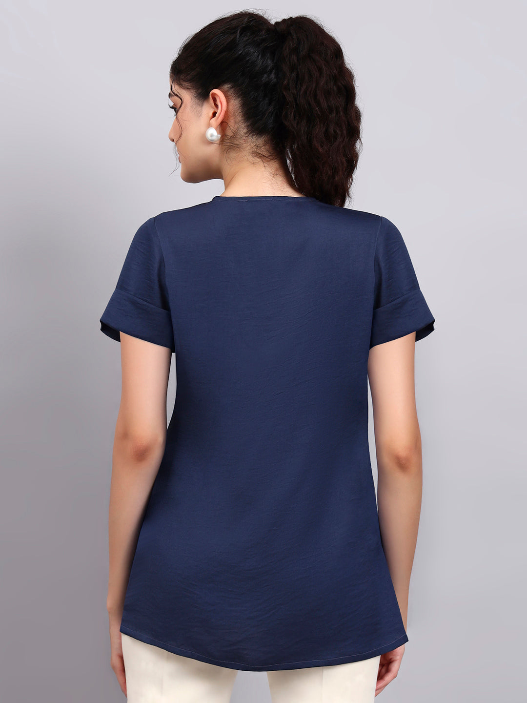 Powersutra Premium Blue High-Neck Satin Top With Pearl Detailing