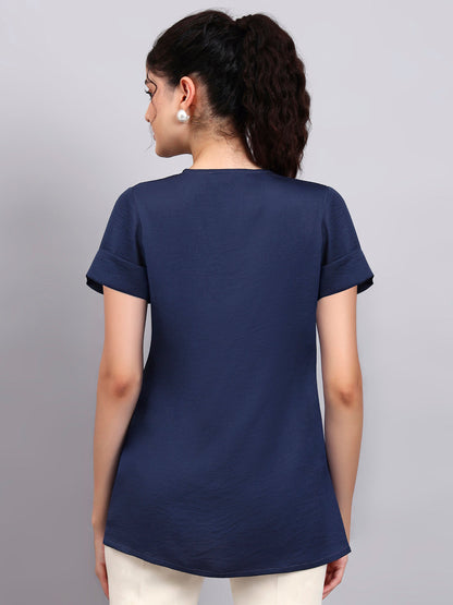 Powersutra Premium Blue High-Neck Satin Top With Pearl Detailing