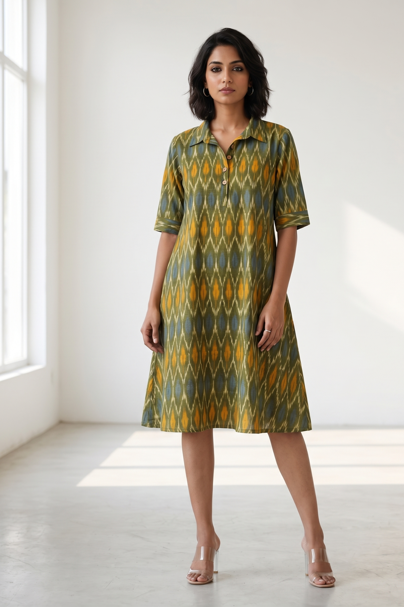Spring Meadow Ikat Cotton Contemporary Collar Swing Dress Mc