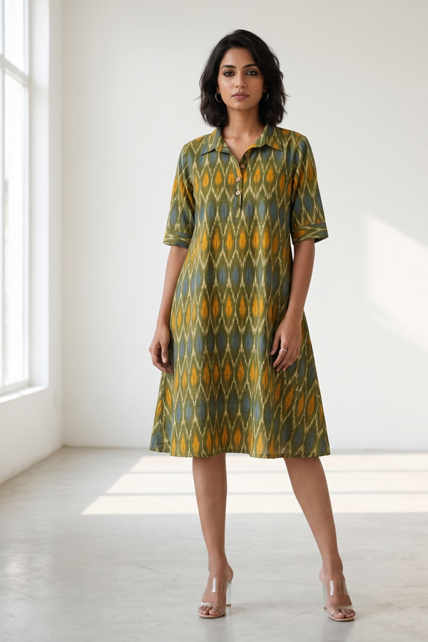 Spring Meadow Ikat Cotton Contemporary Collar Swing Dress Mc
