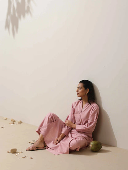 trueBrowns Pink Cotton Linen Kurta Pant Set