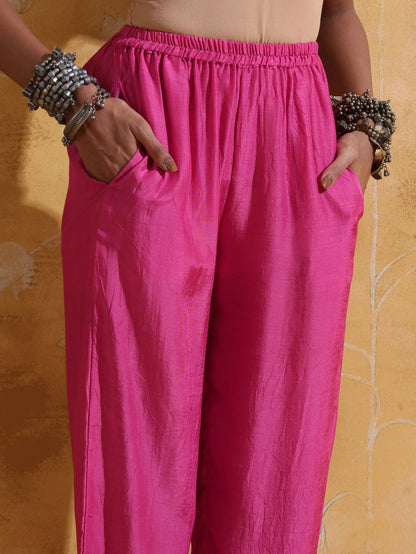 trueBrowns Green Pink Floral Print Muslin Silk High-Slit Kurta Set
