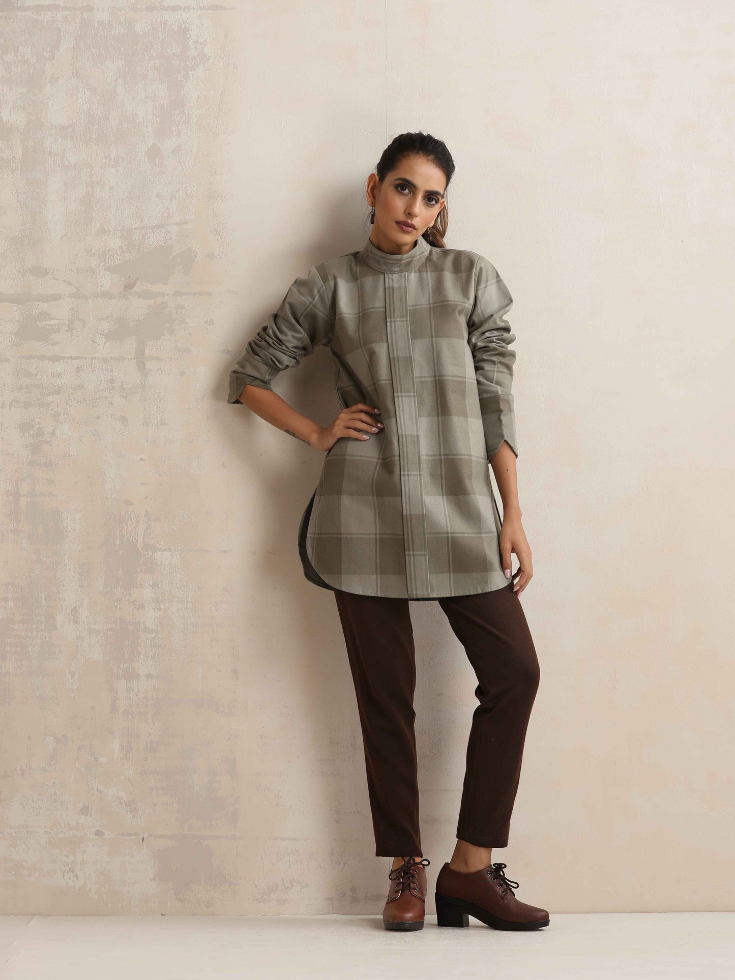 trueBrowns Green Check High Neck Winter Top