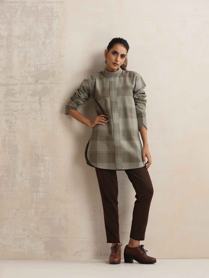 trueBrowns Green Check High Neck Winter Top