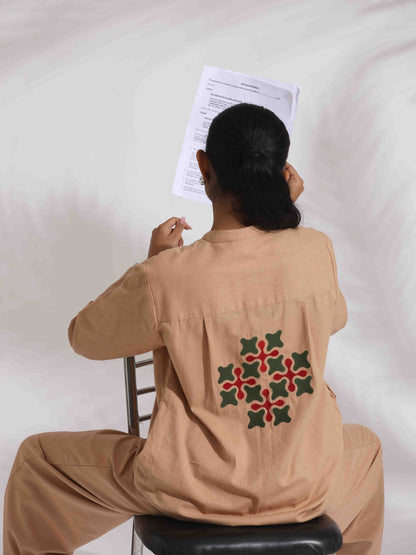 trueBrowns Beige Cotton Embroidered Shirt Top Co-ord Set
