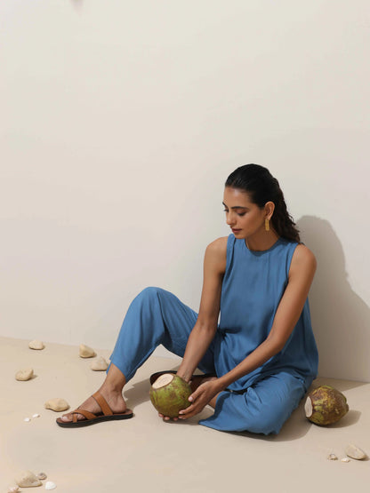 trueBrowns Blue Viscose Solid Co-ord Set