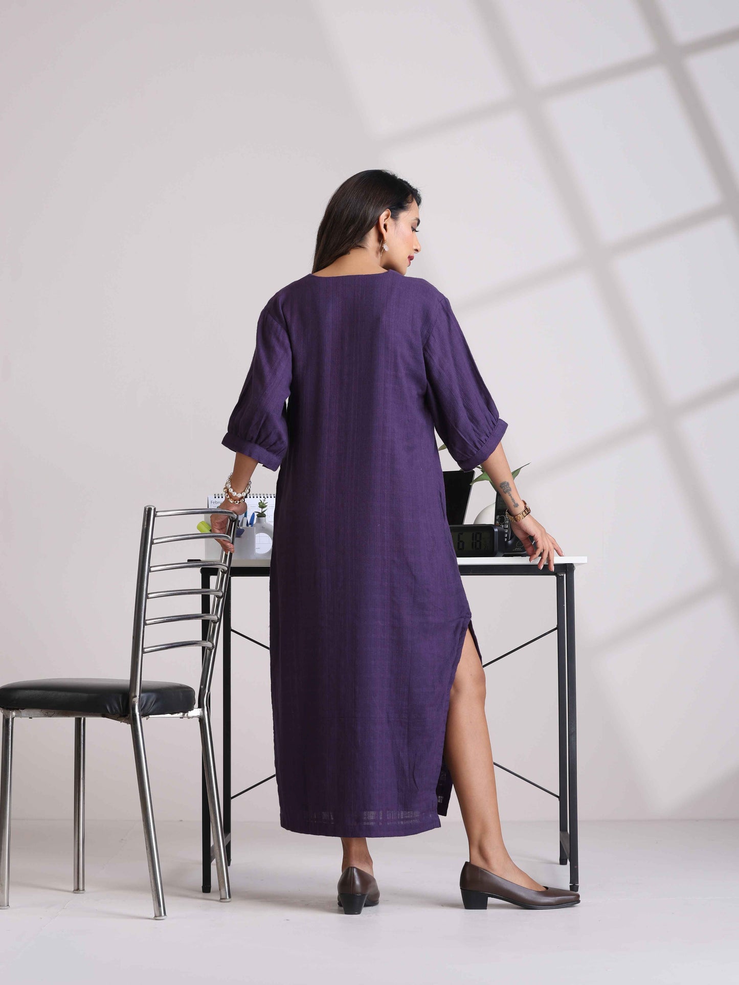 trueBrowns Purple Cotton Dobby Slit Dress