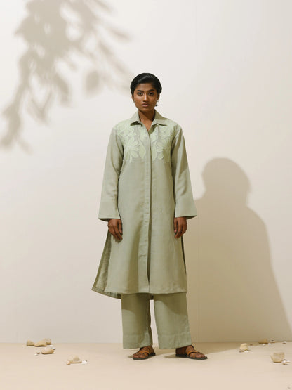 trueBrowns Clover Green Embroidered Natural Cotton Kurta Pant Set