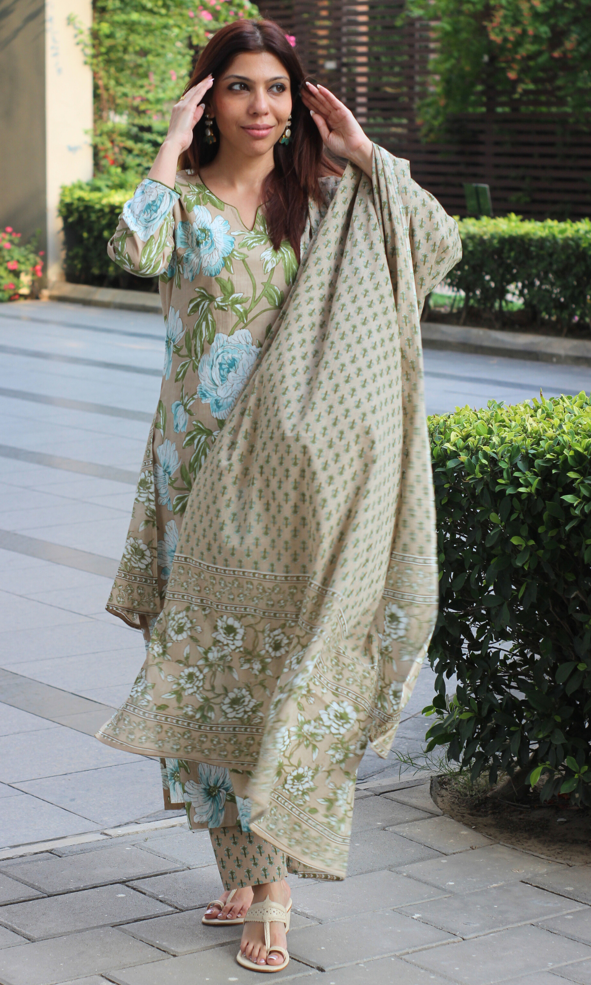 Baareeki Cotton Caramel Bloom Print Suit with Cotton Printed Dupatta