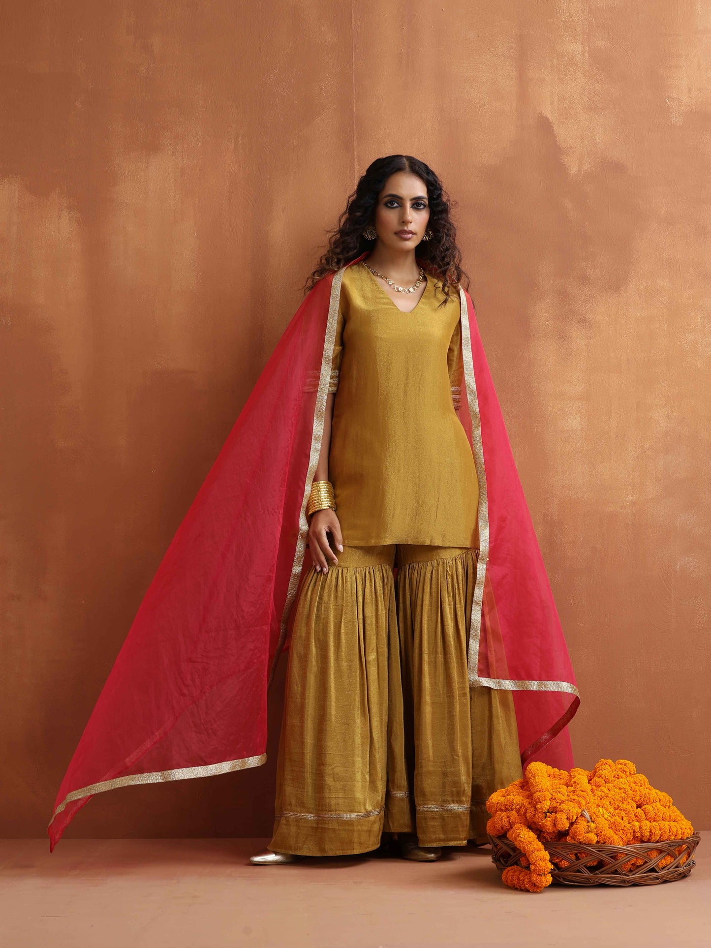 trueBrowns Gold Tissue Sharara Dupatta Set