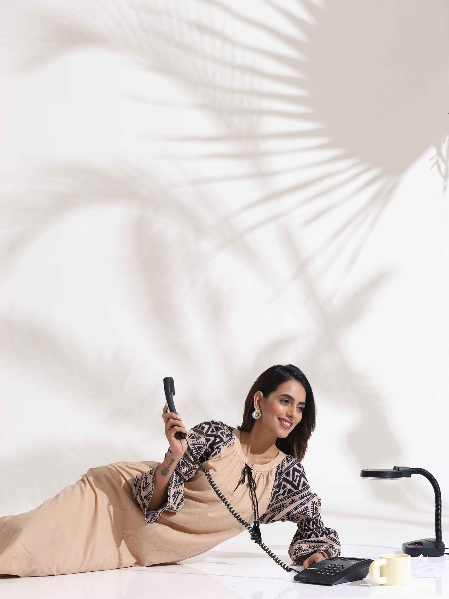 trueBrowns Beige Cotton Print Long Dress