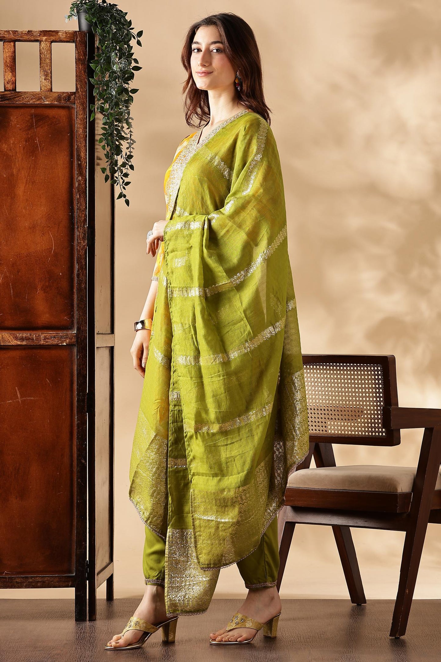 Mustard & Green Kurta,Pant with Pocket and Dupatta 3PCS Set - LP