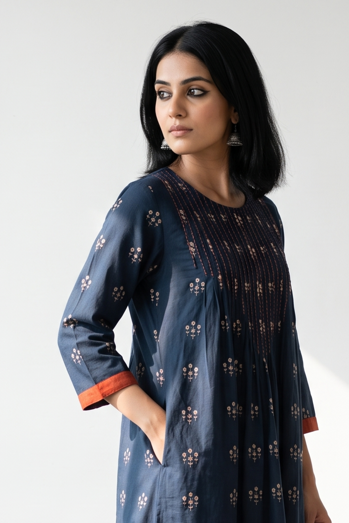 Navy Floral Bunch Cotton Kurta Top With Pintuck Mc