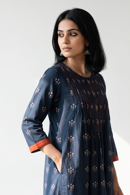 Navy Floral Bunch Cotton Kurta Top With Pintuck Mc