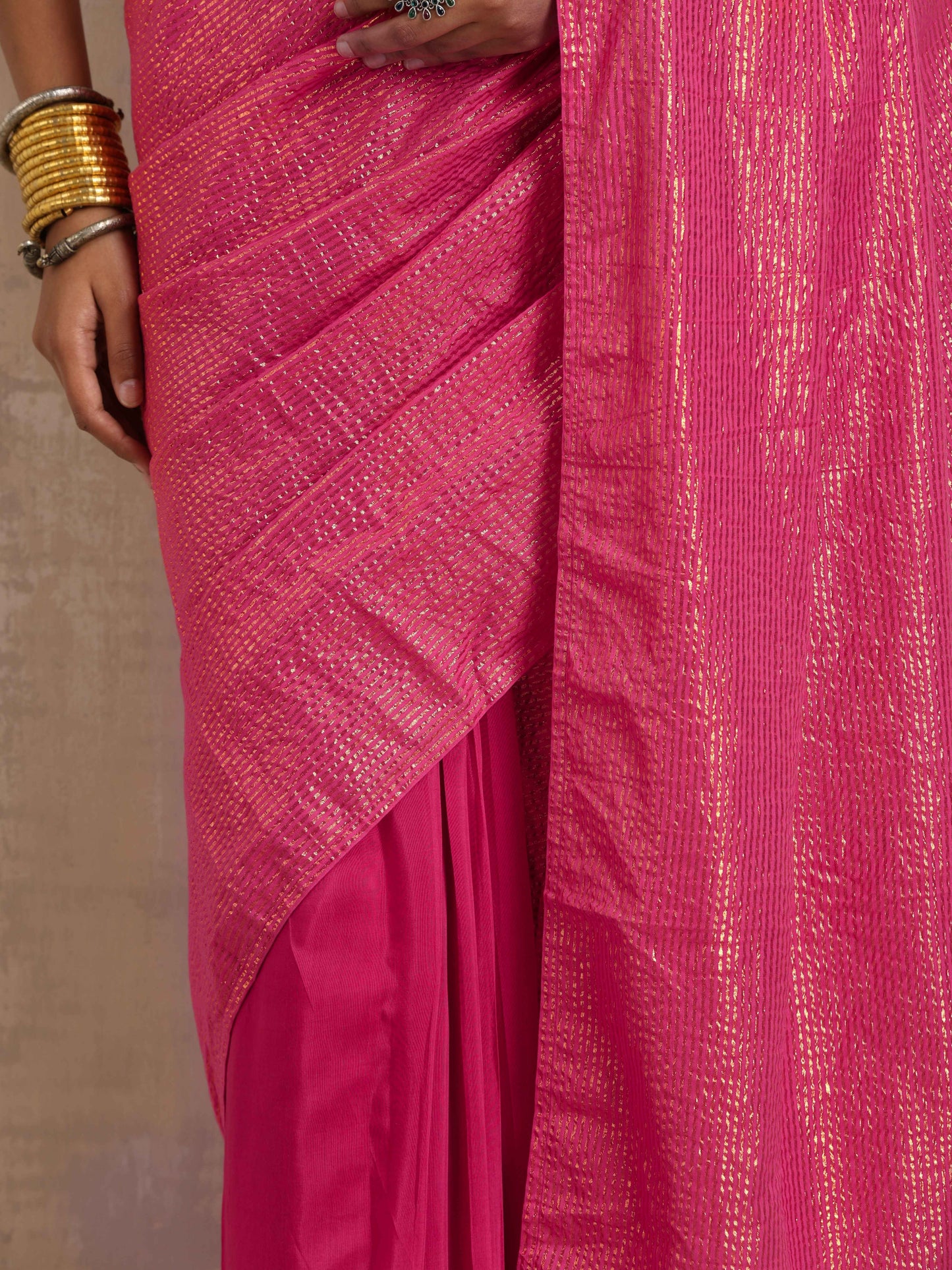 trueBrowns Pink Gold Metallic Ready To Wear Saree