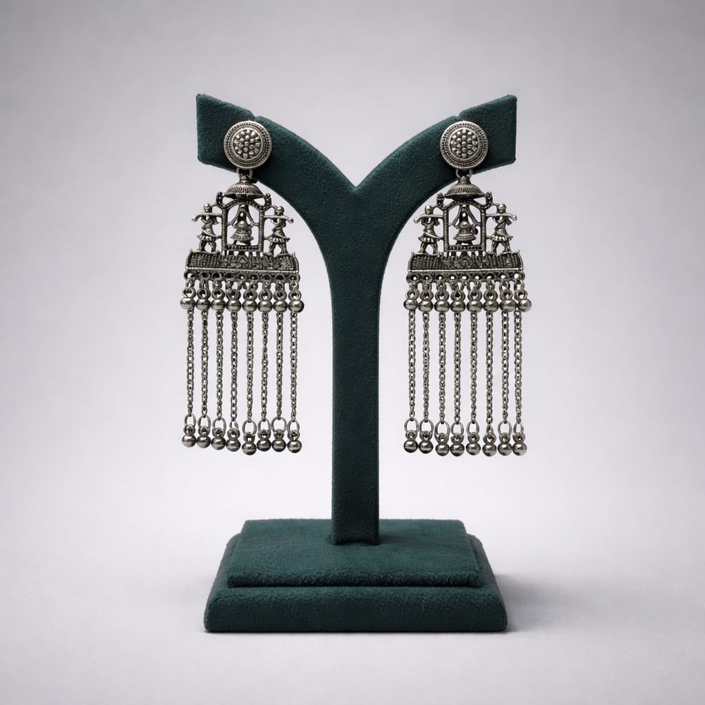 Oxidised Metal Tribal Temple Hanging Earrings with Chain Tassels LP- 48Hr Delivery