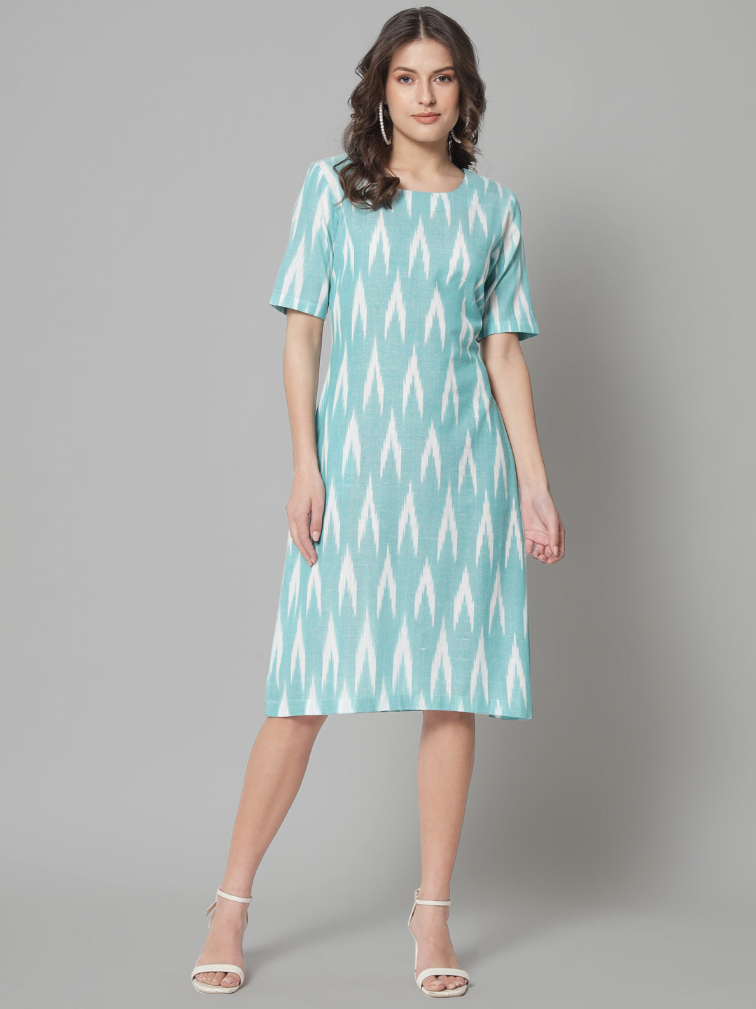 Ikat print cotton dress- Green