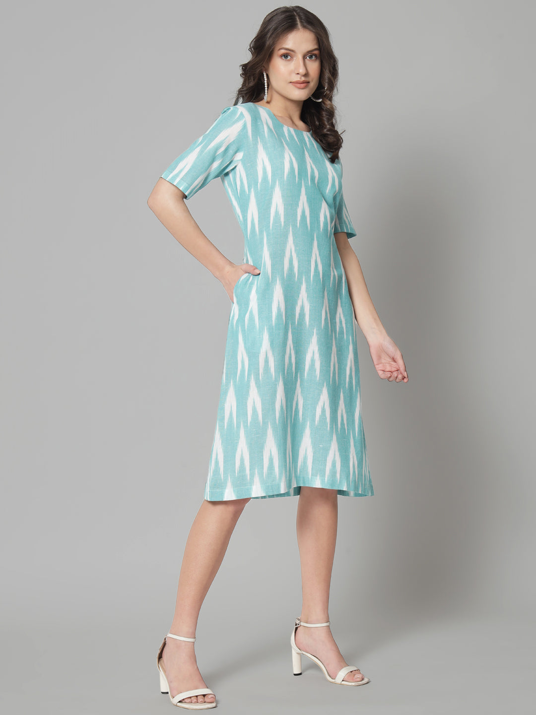 Ikat print cotton dress- Green