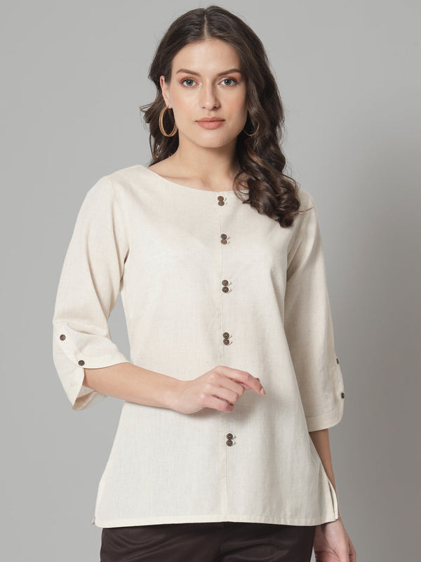 Cotton Loops and Button Detailed Regular FIt Top- Beige