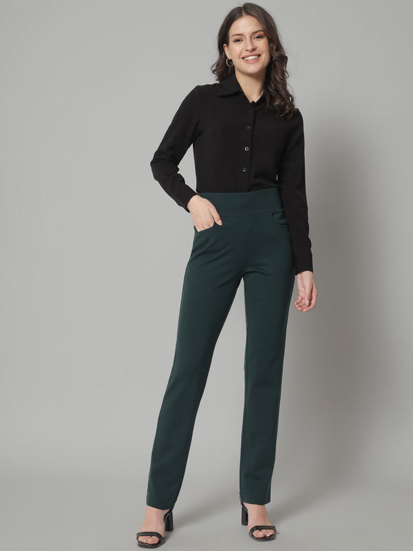 Wide Belt Mid Waist Stretch Pants- Bottle Green