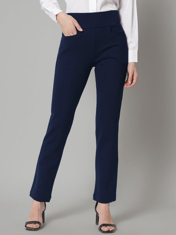 Mid Waist Stretch Tapered Fit Trouser - Navy Blue