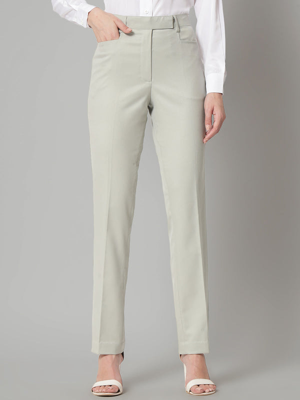 Slim Fit Poly Cotton Mid Waist Formal Trouser - Sage Green