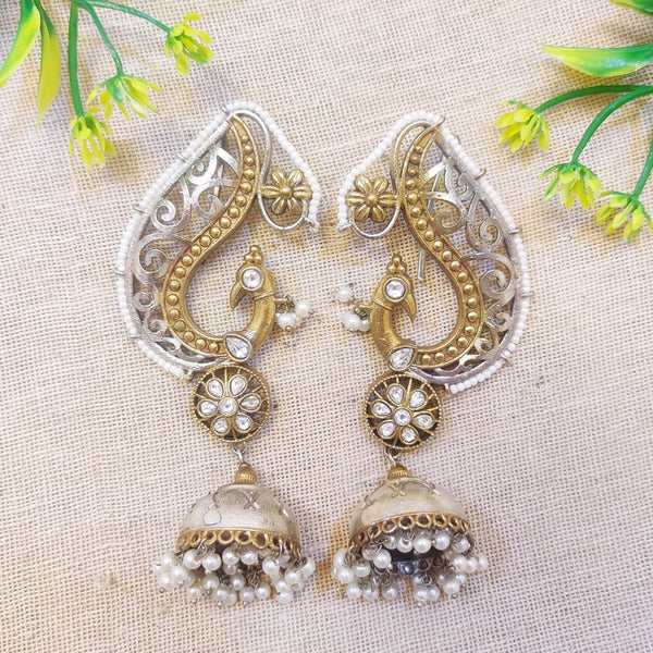 Sajni  Silver Look Alike Dual Tone Peacock Earrings