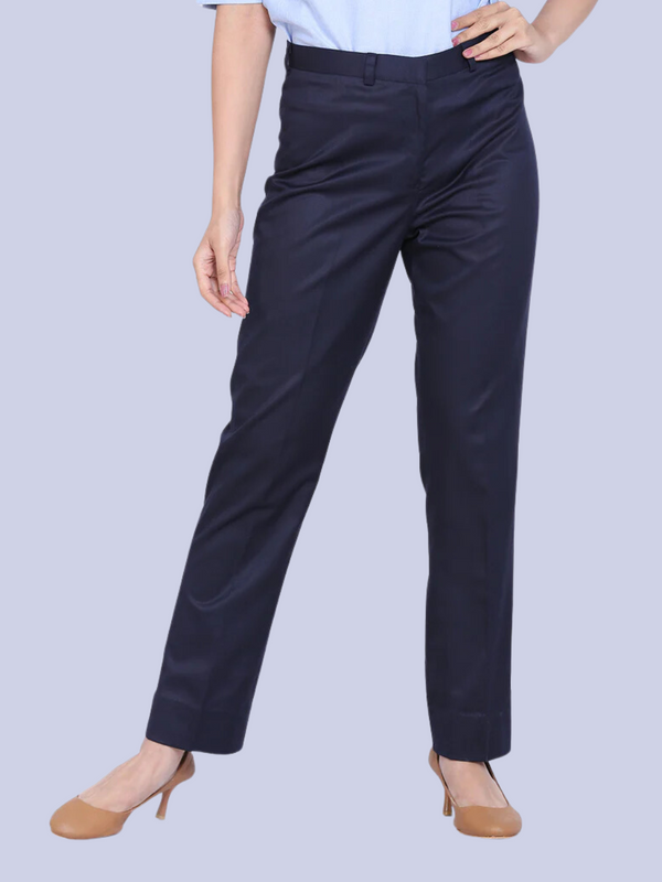 Poly Cotton Mid Waist Formal Trouser - Blue