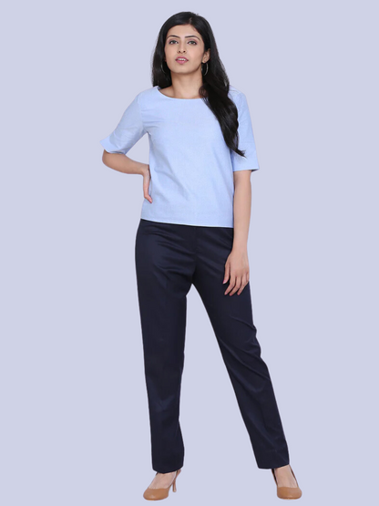 Poly Cotton Mid Waist Formal Trouser - Blue