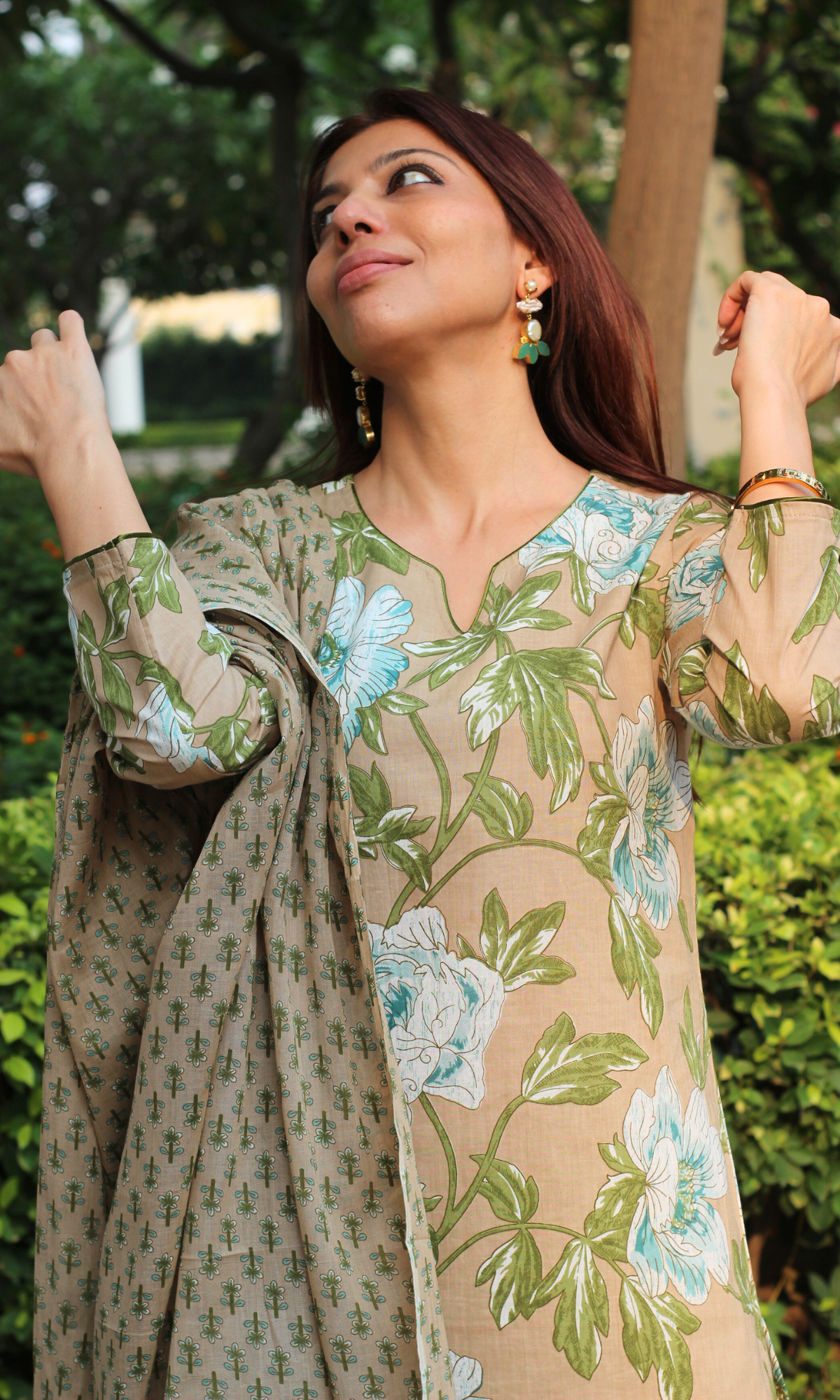 Baareeki Cotton Caramel Bloom Print Suit with Cotton Printed Dupatta