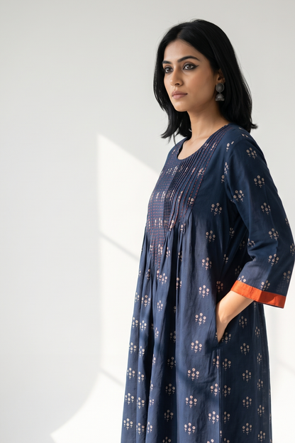 Navy Floral Bunch Cotton Kurta Top With Pintuck Mc