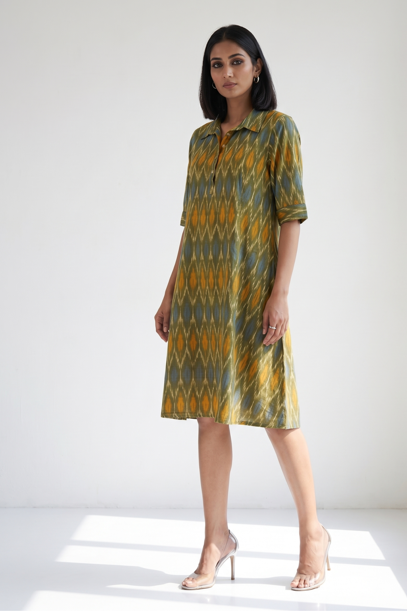 Spring Meadow Ikat Cotton Contemporary Collar Swing Dress Mc