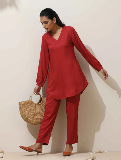 trueBrowns Maroon Viscose Co-ord Set
