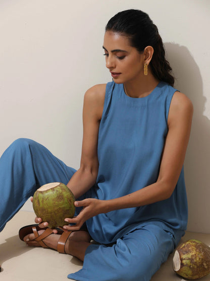trueBrowns Blue Viscose Solid Co-ord Set