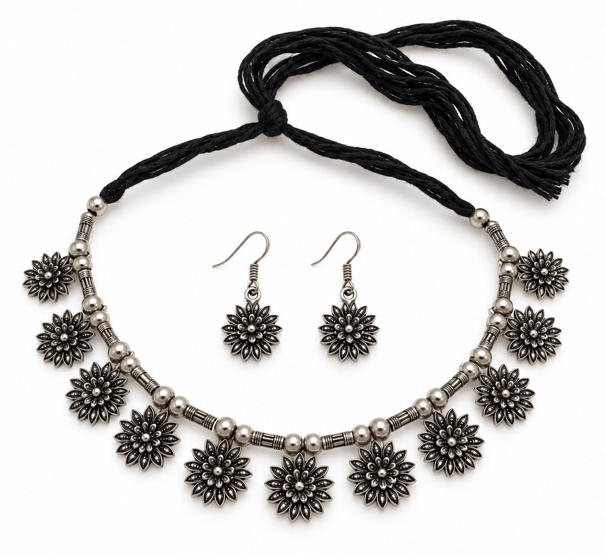Oxidised Silver-Toned Floral Necklace and Earring Set LP- 48Hr Delivery