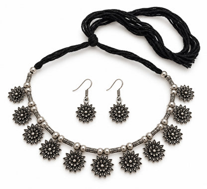 Oxidised Silver-Toned Floral Necklace and Earring Set LP- 48Hr Delivery