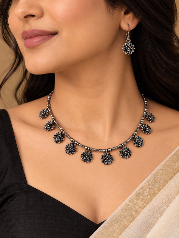 Oxidised Silver-Toned Floral Necklace and Earring Set LP- 48Hr Delivery