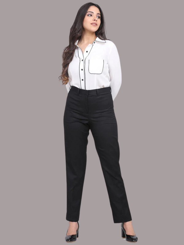 Poly Cotton Mid Waist Formal Trousers - Black