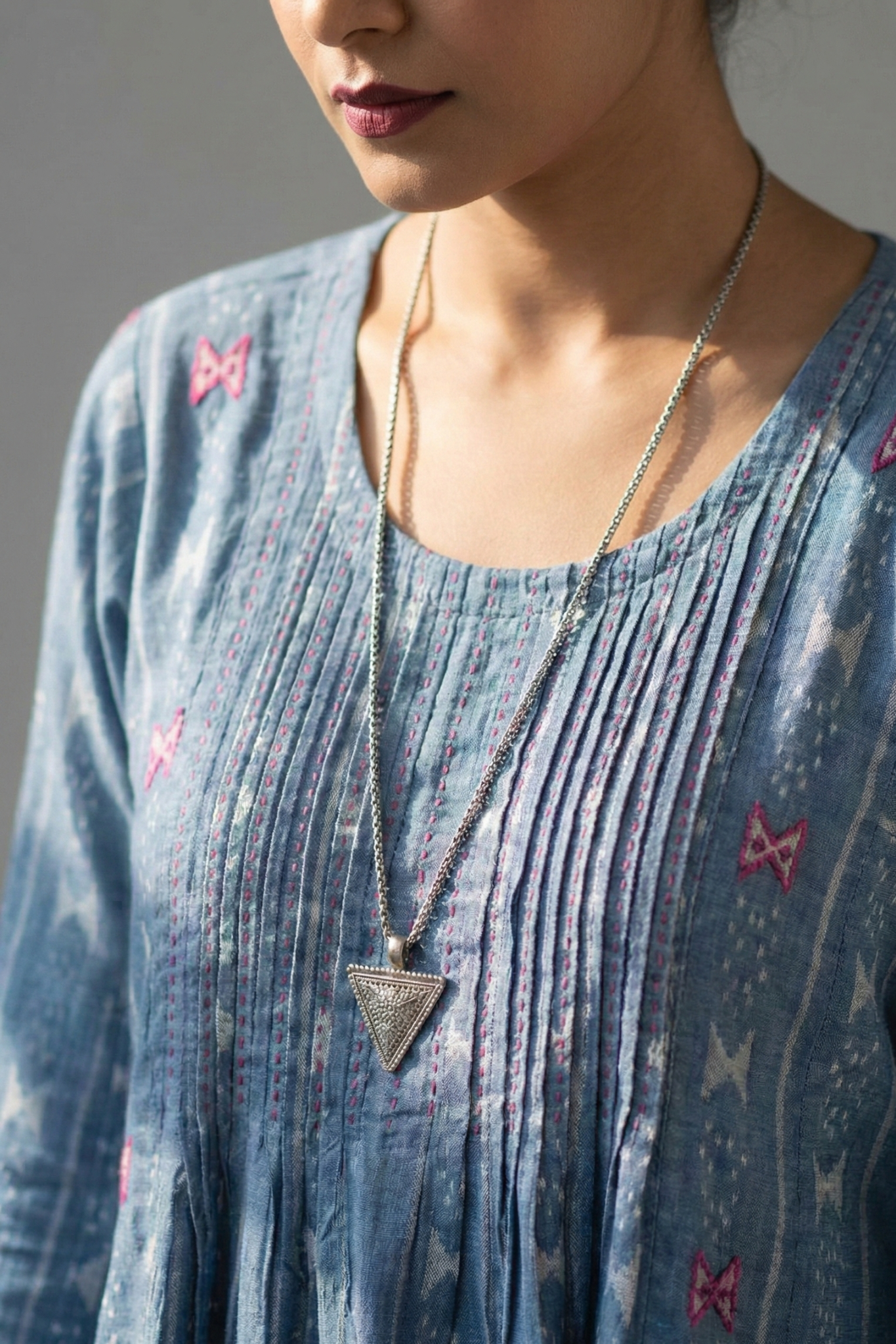 Maati Sky Denim Pintuck Yoke & Sleeve Kalidar Kurta