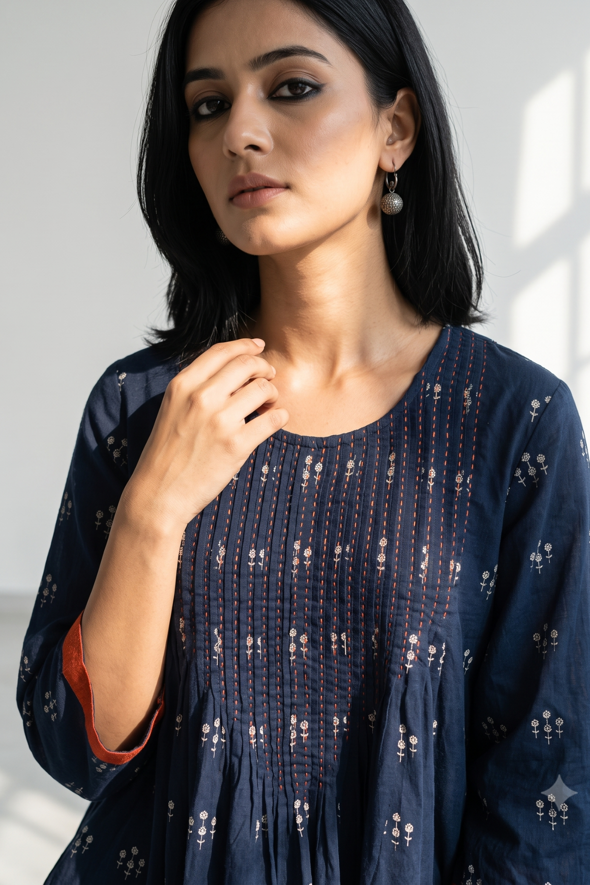 Navy Floral Bunch Cotton Kurta Top With Pintuck Mc