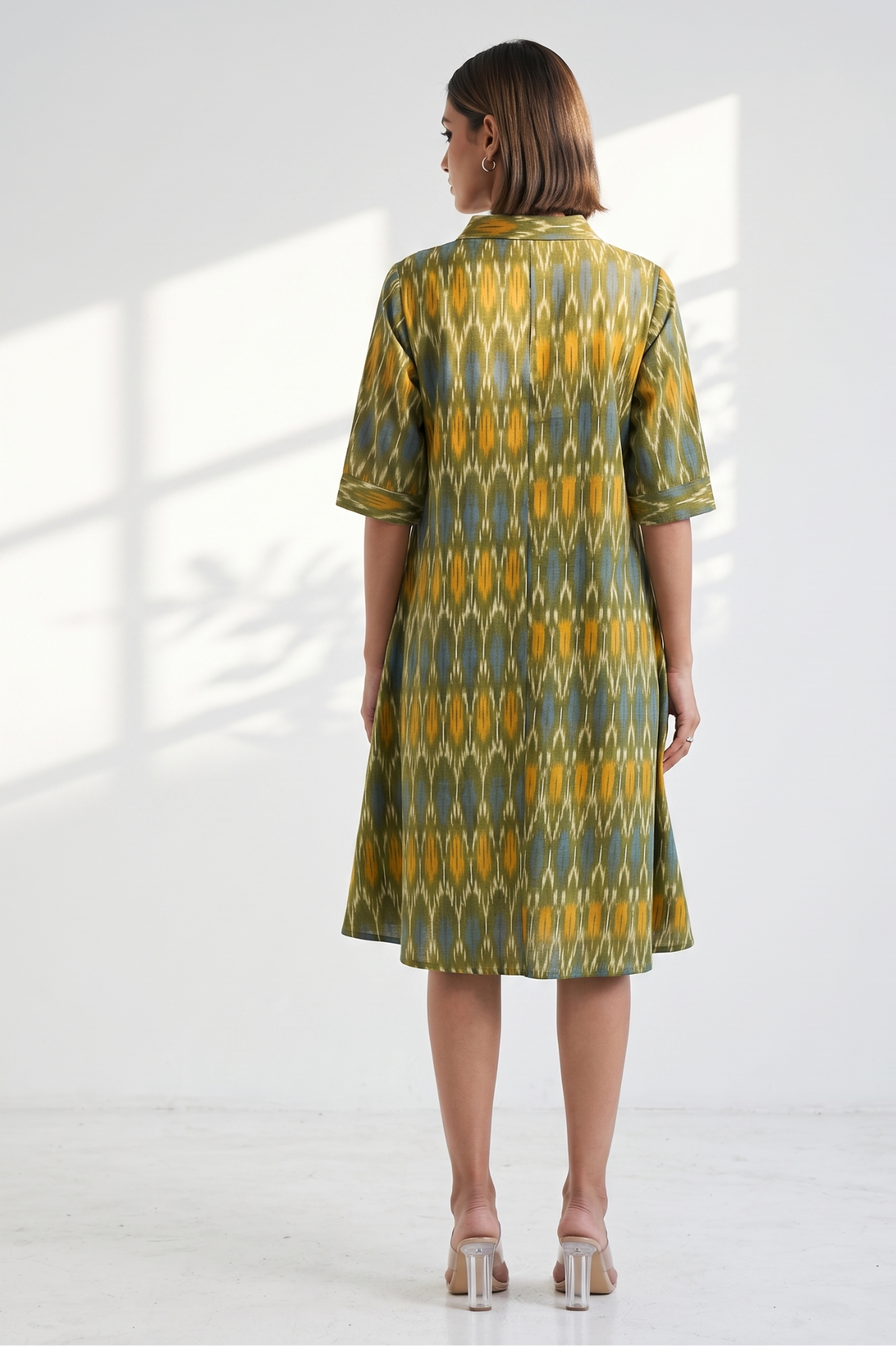 Spring Meadow Ikat Cotton Contemporary Collar Swing Dress Mc