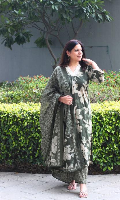 Baareeki Cotton Bottle Green Floral A Line Suit with Lace Detailing & Palazzo with Dupatta