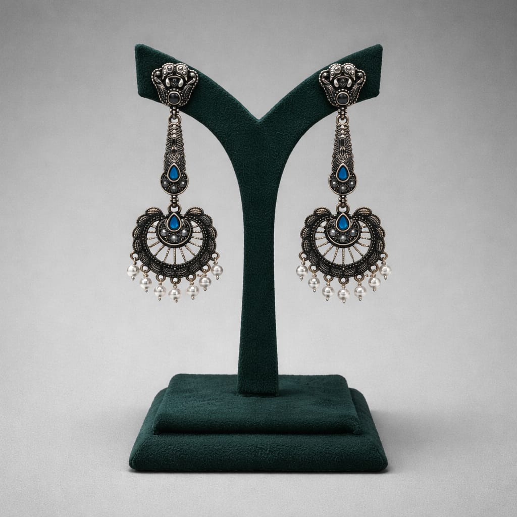 Oxidised Metal Circular Hanging Earrings with Blue Stone & White Beads LP- 48Hr Delivery